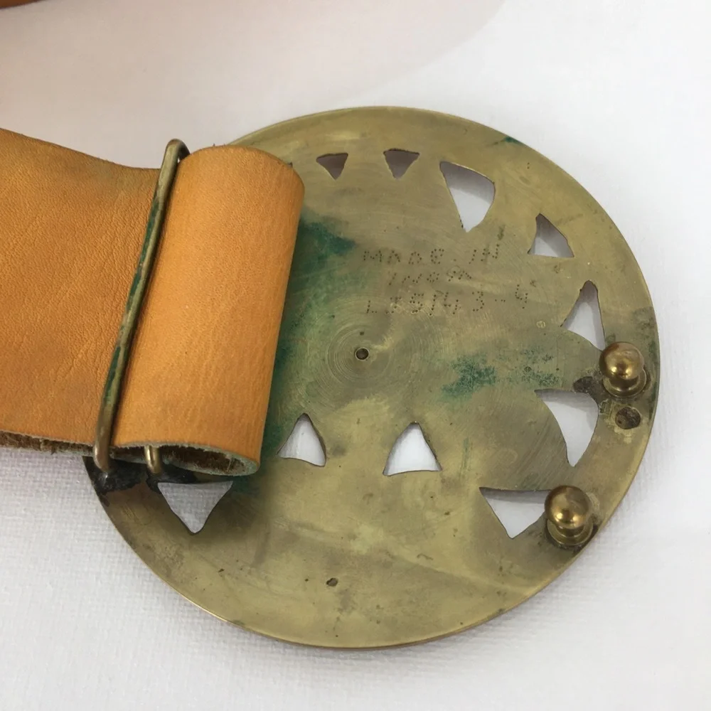 Rare 70s Vintage Leather Belt Brown Round Floral Enamel Buckle Retro Boho